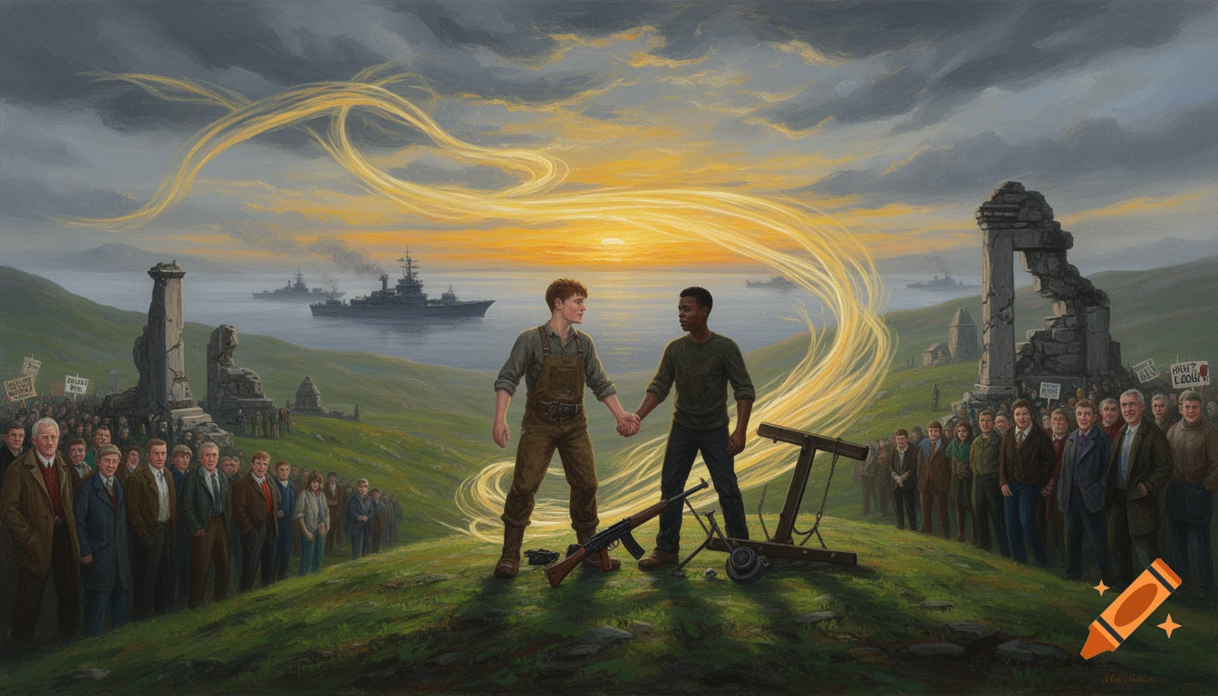 A painting of two young men holding hands on a windswept green hillside, surrounded by a crowd of people. Warships are in the misty sea and crumbling ruins are on the land as golden light swirls across a sunrise sky.
