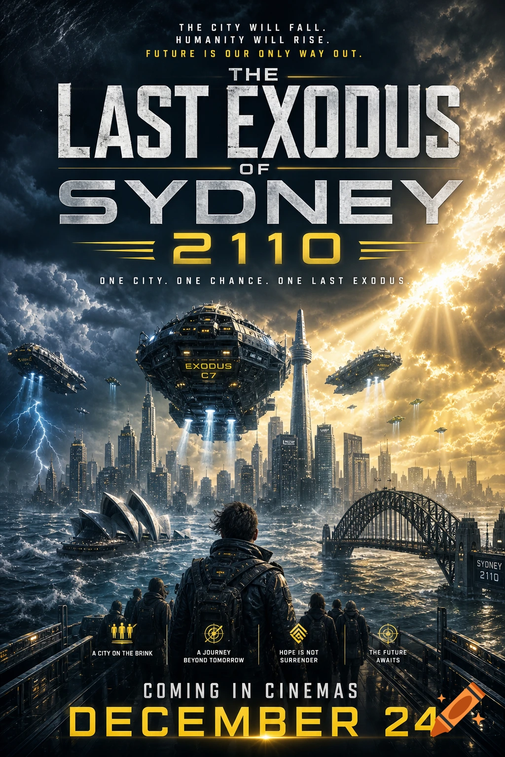 A movie poster titled "The Last Exodus of Sydney 2110" features a futuristic city with spaceships, stormy skies, and turbulent waters, as people look on.