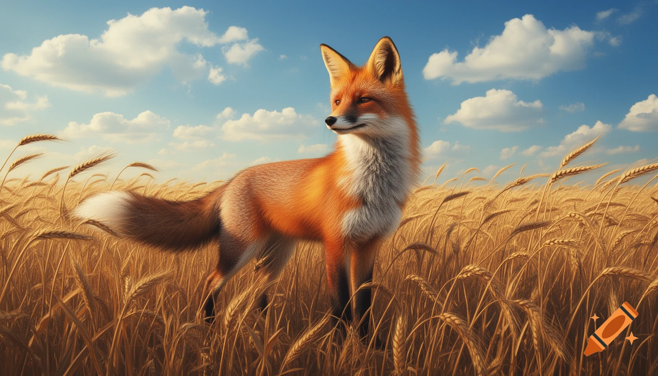 A majestic red fox with a white chest stands in a golden wheat field under a bright blue sky with white clouds, looking to the right.