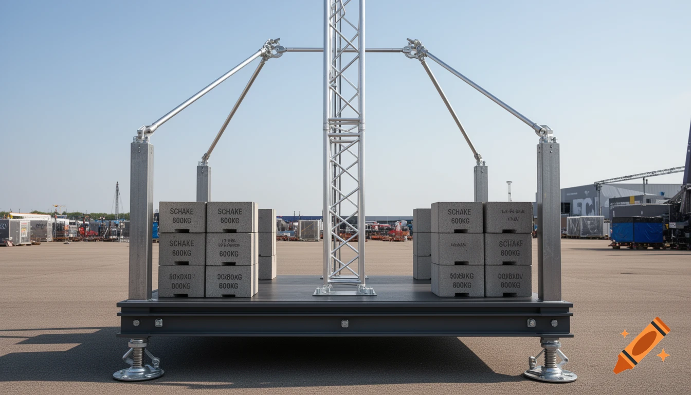 Photorealistic image of a temporary event structure ballast unit with a central metal truss, supported by steel pillars and concrete blocks, elevated on screw-jack feet on a tarmac surface.