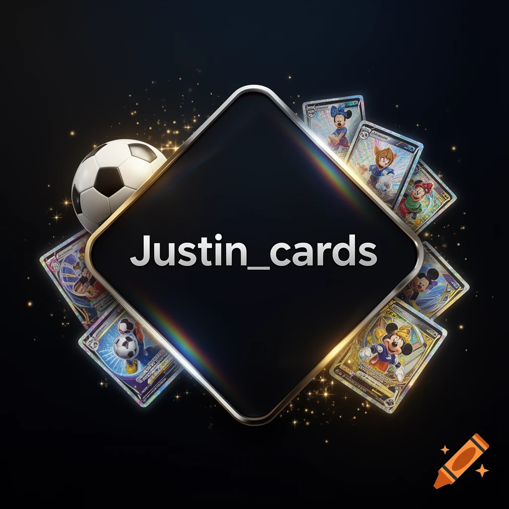 A dark, diamond-shaped emblem with 'Justin_cards' in silver, surrounded by glossy Disney and soccer trading cards, a soccer ball, and gold sparkles on a dark background.