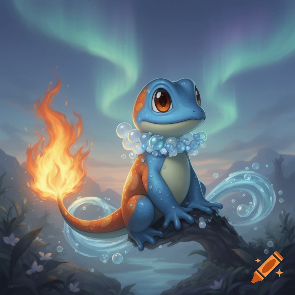 A blue and orange frog-like creature with a fiery tail and water bubbles around its neck sits on a log under an aurora sky, fantasy art.