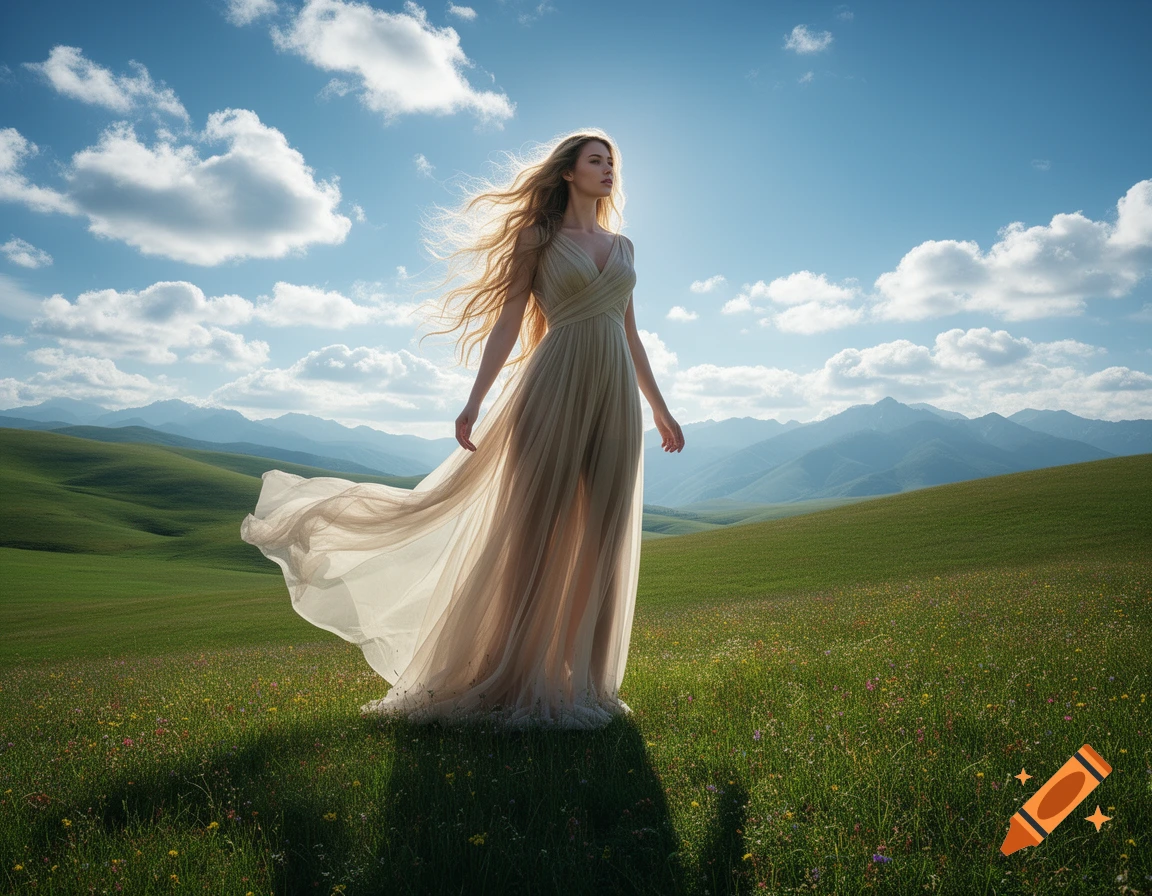 A photorealistic image of a woman in a long, flowing dress standing in a green, rolling field under a bright blue sky with clouds and mountains in the distance.