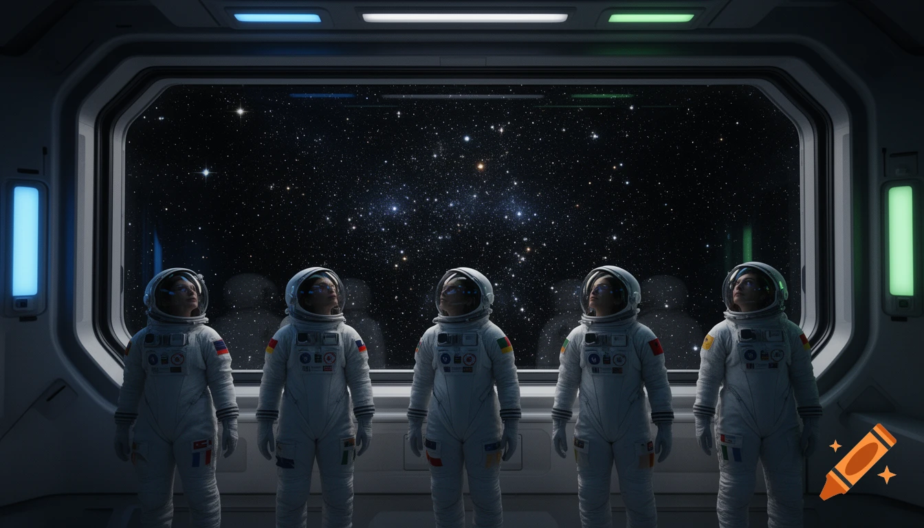 Five female astronauts in white suits look up at a window revealing a star-filled galaxy from inside a futuristic space station.