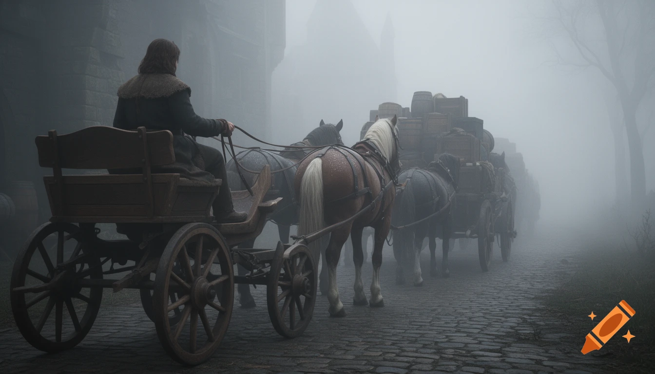A person drives a horse-drawn cart, leading a line of other loaded carts down a cobblestone street in a thick, dark fog, in a medieval setting.