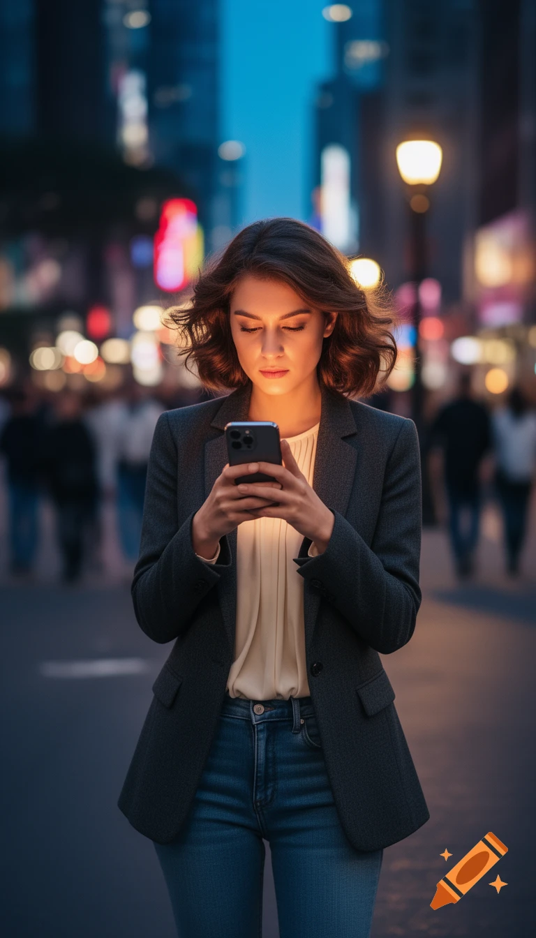Young woman in a blazer and jeans, illuminated by her phone's glow, walking on a city street at dusk.
