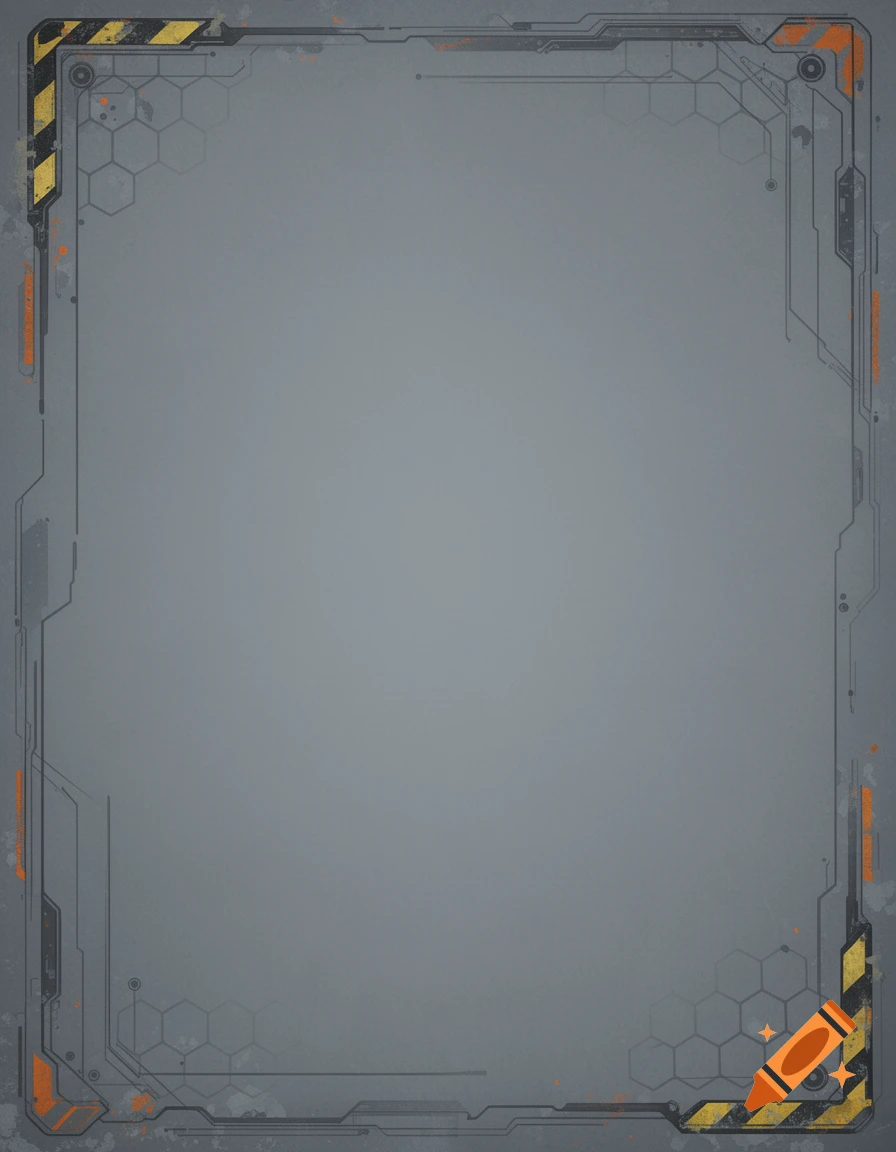 Vertical A4 background with a minimalist industrial sci-fi border, featuring technical lines, hex patterns, and yellow-black hazard stripes around a gray empty center.