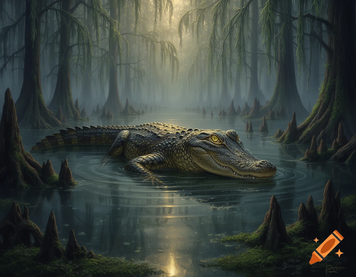 A realistic image of an alligator partially submerged in a misty swamp with cypress trees, bathed in sunlight.