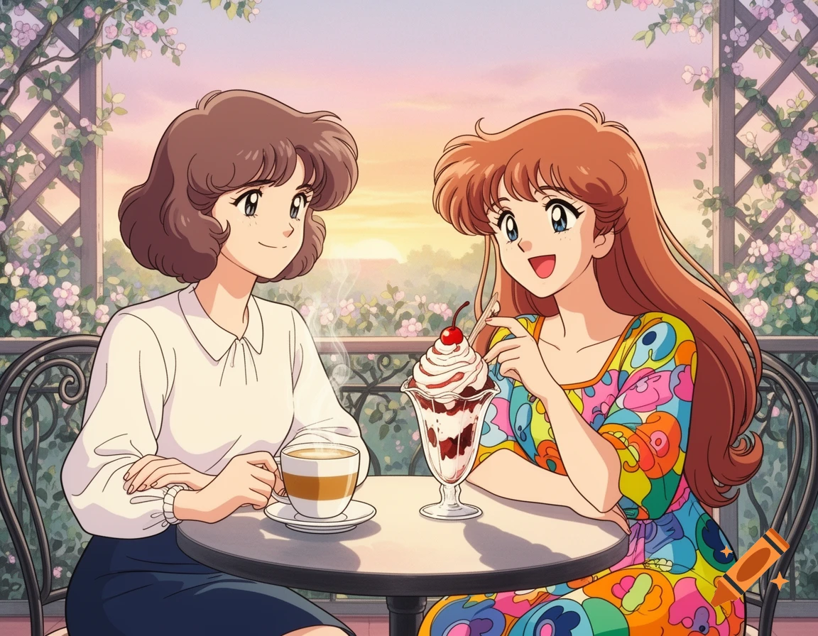 Two anime women sit at an outdoor cafe table with coffee and a sundae, with flowers and a sunset in the background.