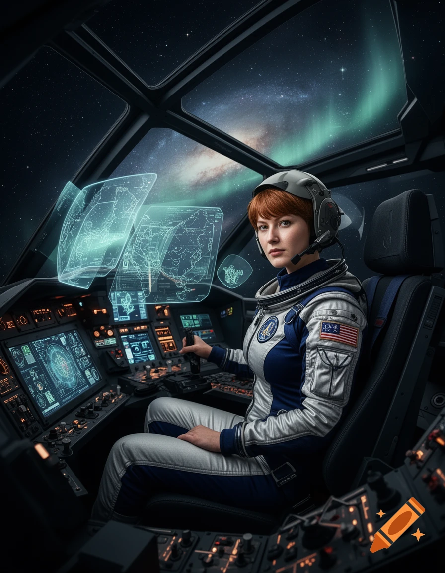 A photorealistic female pilot in a white and blue spacesuit sits in a futuristic starfighter cockpit, looking at holographic displays.