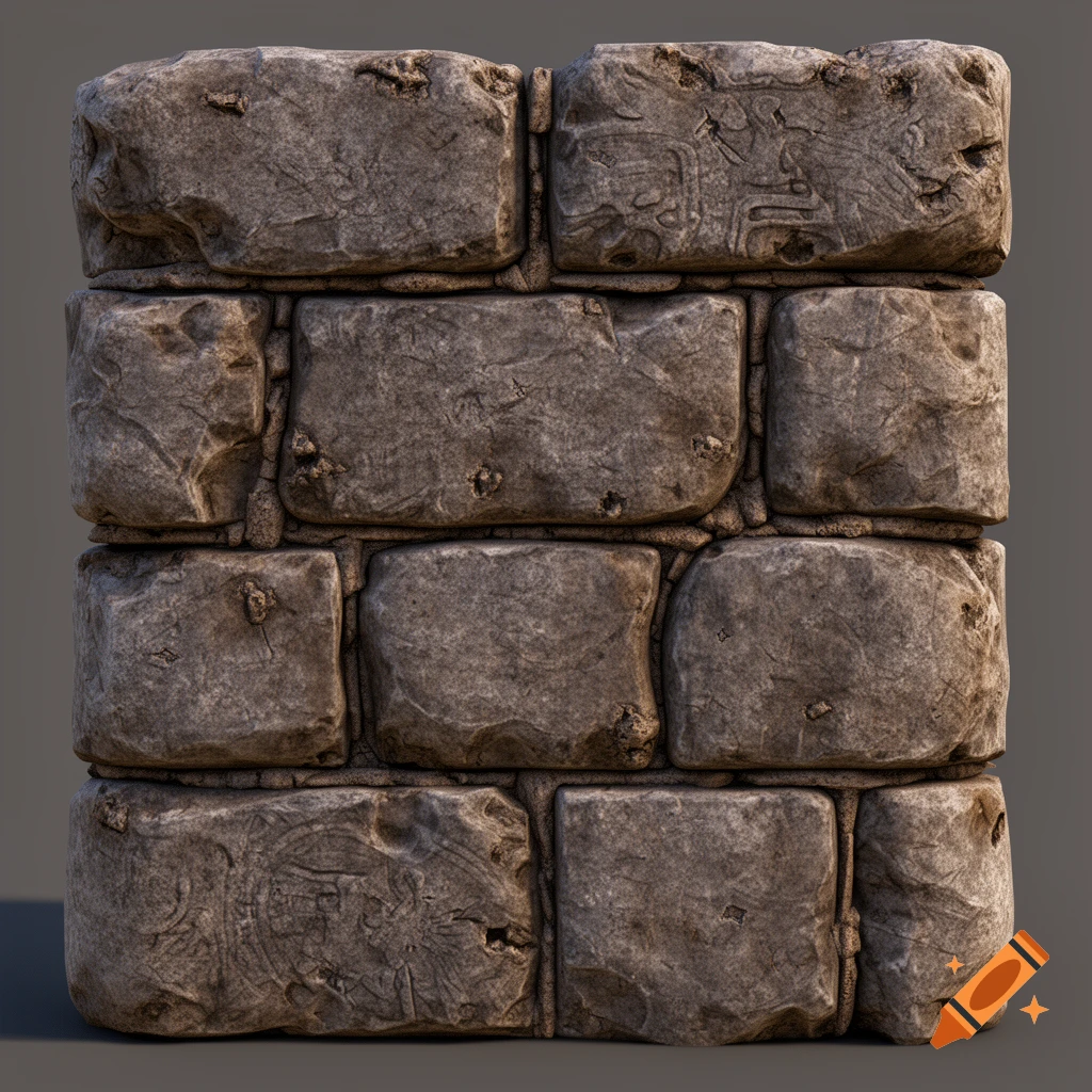 A detailed close-up of a weathered stone wall with mortar joints and ancient, stylized carvings on some blocks.