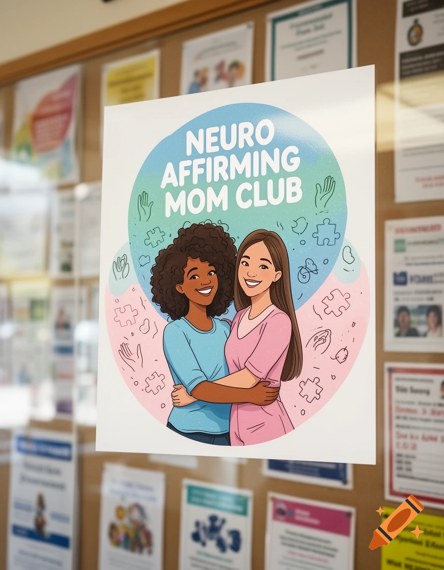 An illustration on a poster shows two smiling women hugging, with text 'Neuro Affirming Mom Club' and symbols of hands and puzzle pieces, displayed on a cork board.