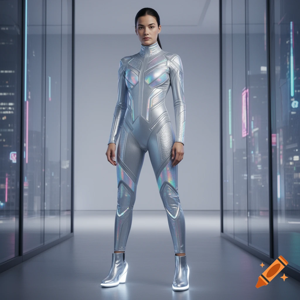 Full-body shot of a woman in a metallic silver futuristic bodysuit with iridescent panels and matching boots, standing in a modern glass hallway overlooking a city at night.