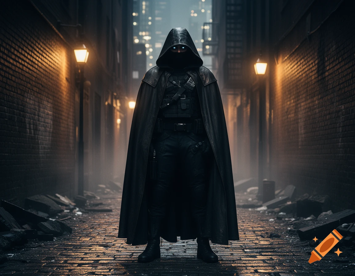 A mysterious hooded figure with glowing blue eyes and a dark cloak stands in a foggy, wet urban alley lit by gas lamps.