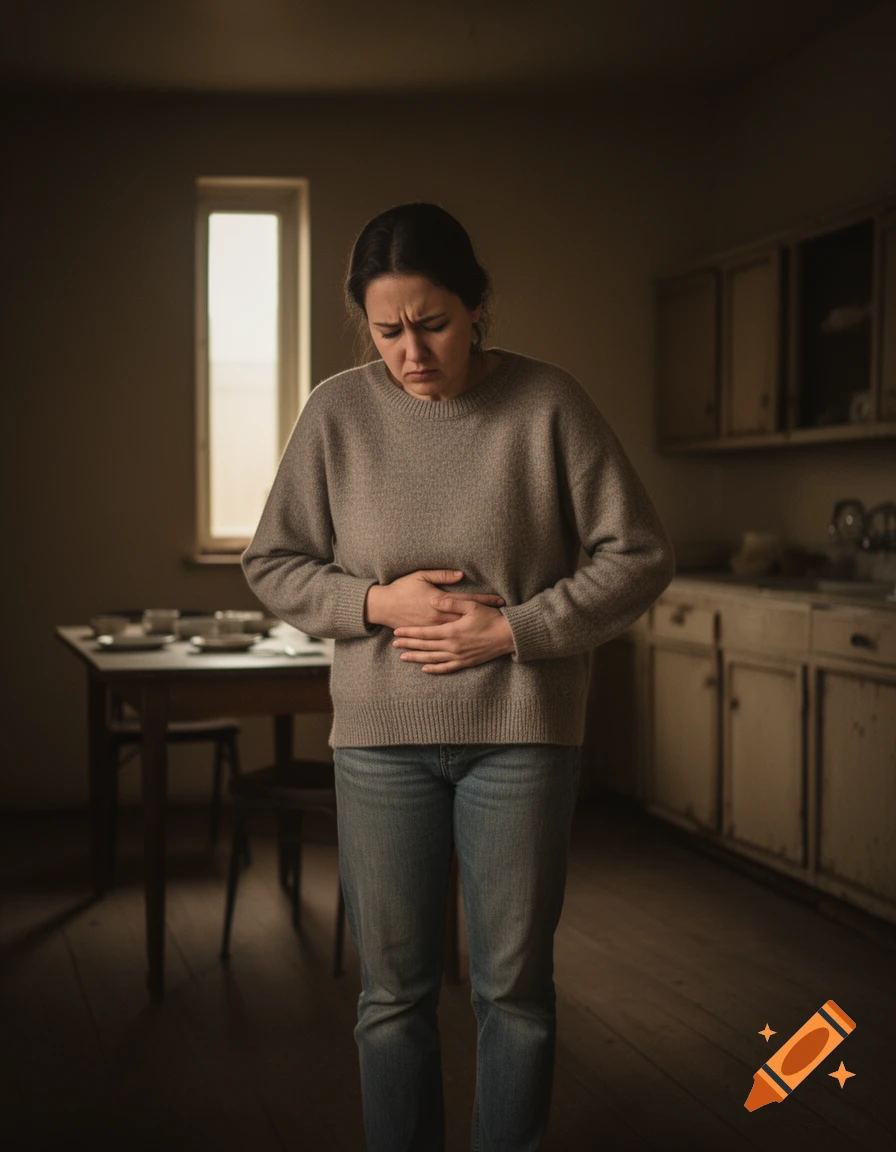 A woman in a dimly lit kitchen holds her stomach with both hands, looking uncomfortable.