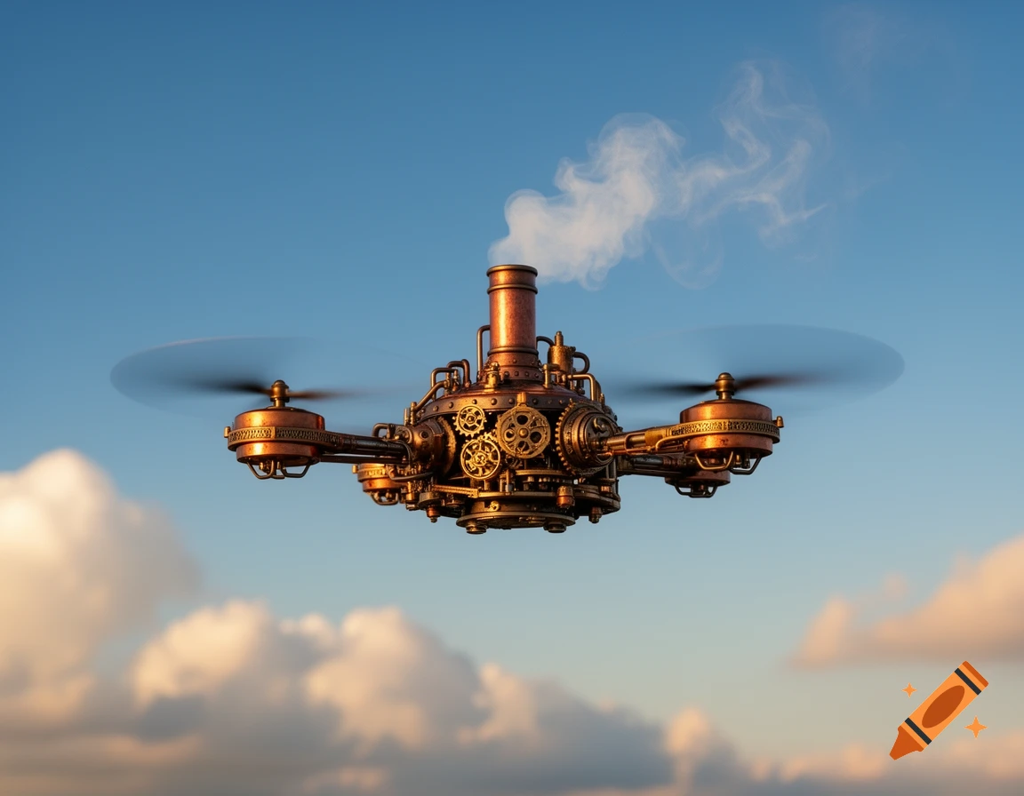A steampunk drone with a chimney emitting smoke flies against a blue sky with clouds.