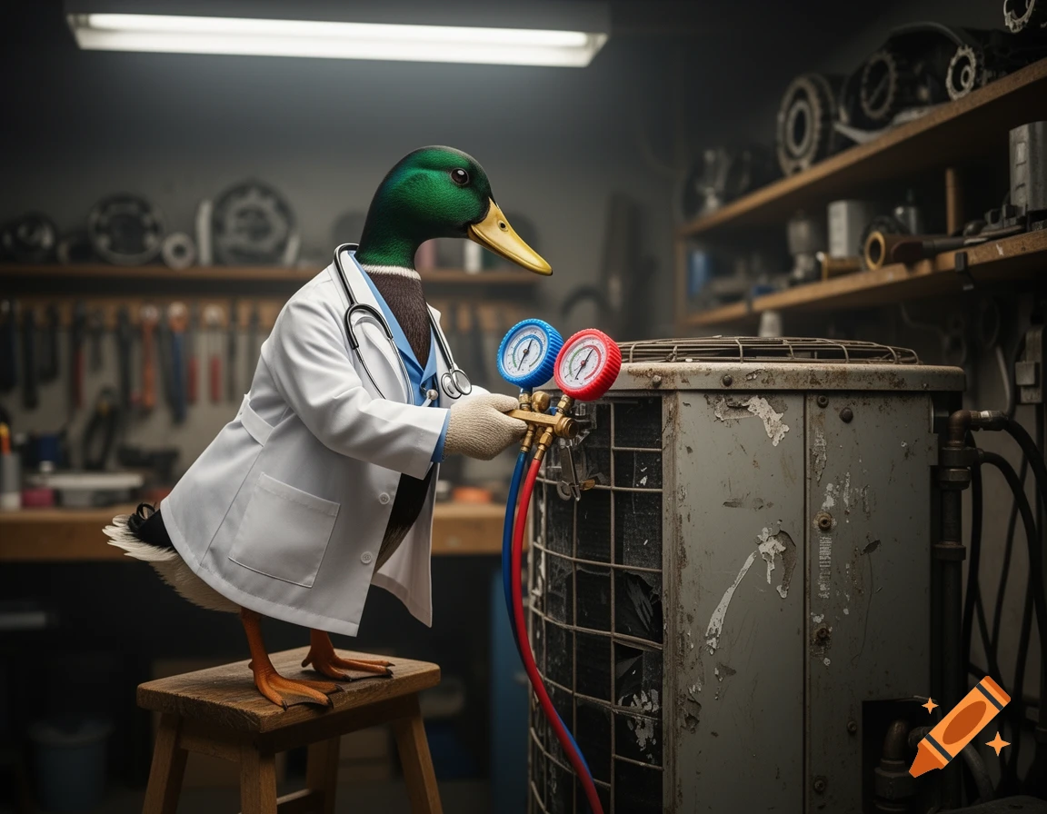 A photorealistic duck in a lab coat and stethoscope stands on a stool, using HVAC gauges to diagnose a rusty air conditioning unit in a workshop.