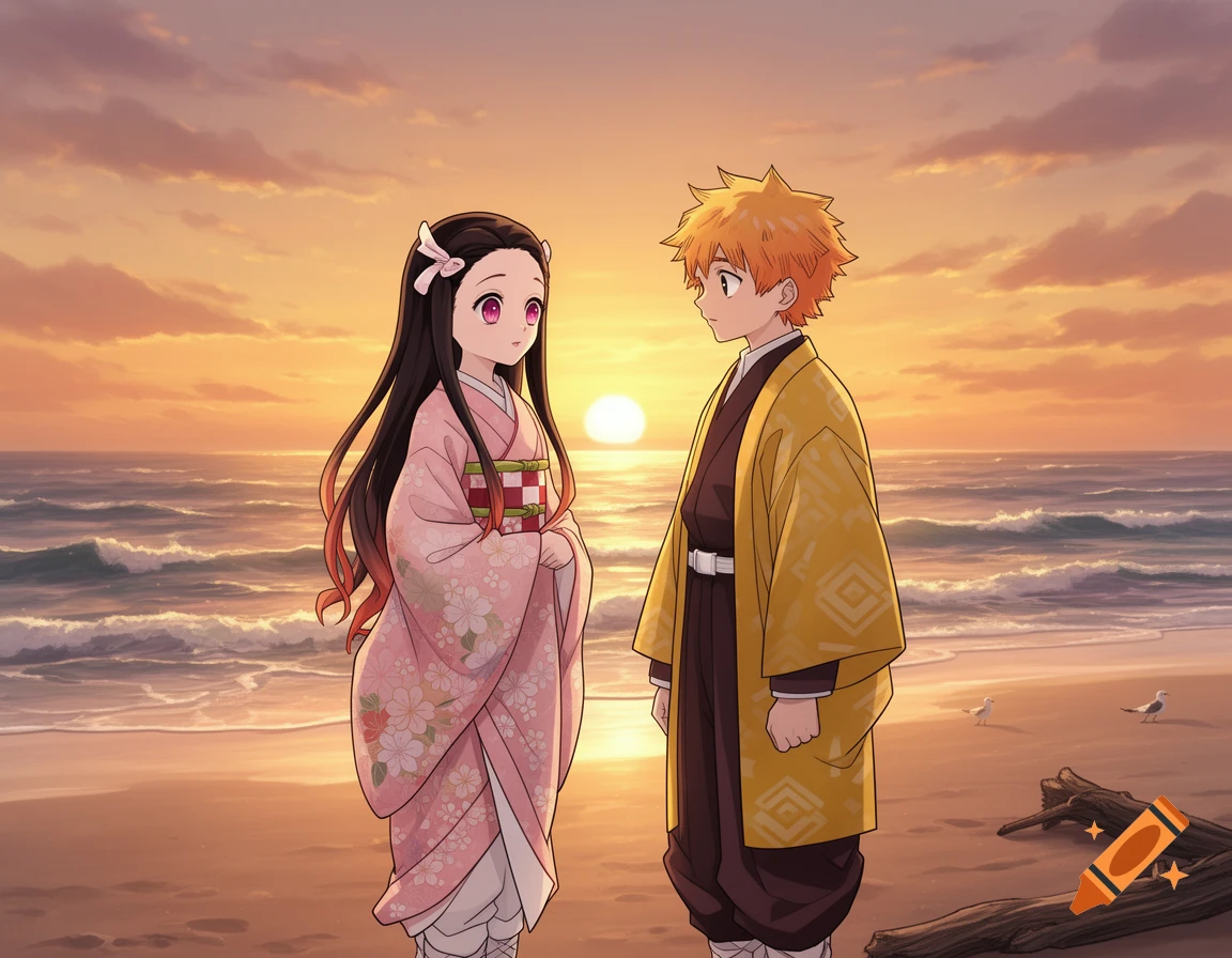 Anime characters Nezuko and Zenitsu stand on a beach, facing each other with a bright sunset over the ocean behind them.