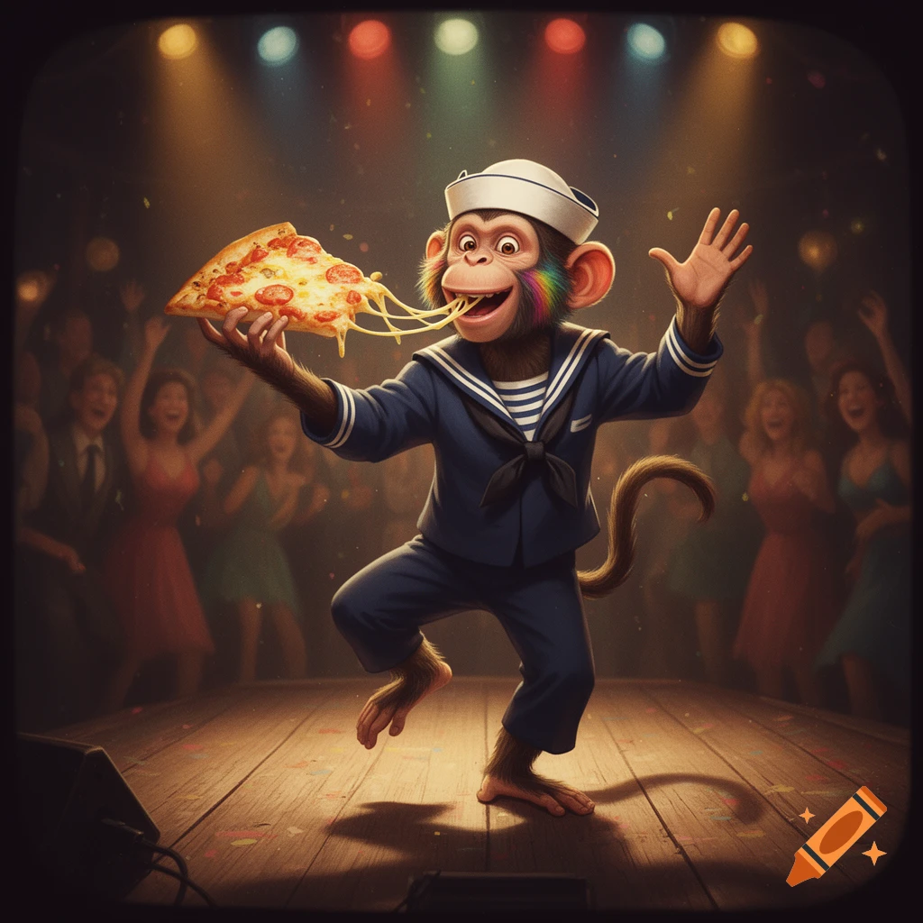 A cartoon monkey in a sailor suit dances on a stage, eating a cheesy slice of pizza, with a blurry party crowd in the background.
