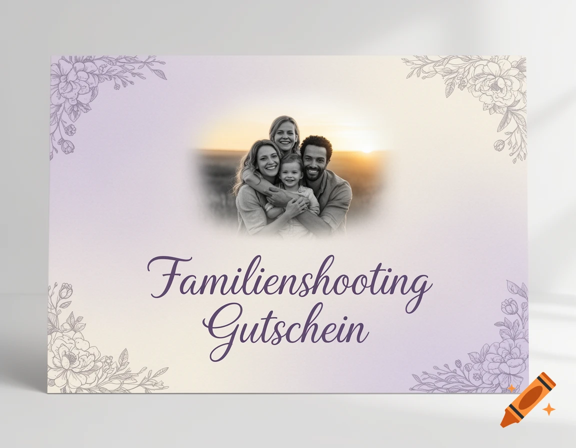 A pastel purple and yellow gift card with a black and white photo of a smiling family and floral borders, featuring the text "Familienshooting Gutschein".