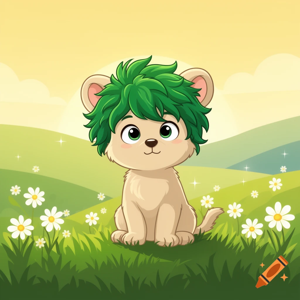 A cute 2D flat cartoon furry cub with spiky green hair sits in a grassy field with white flowers under a bright sky.