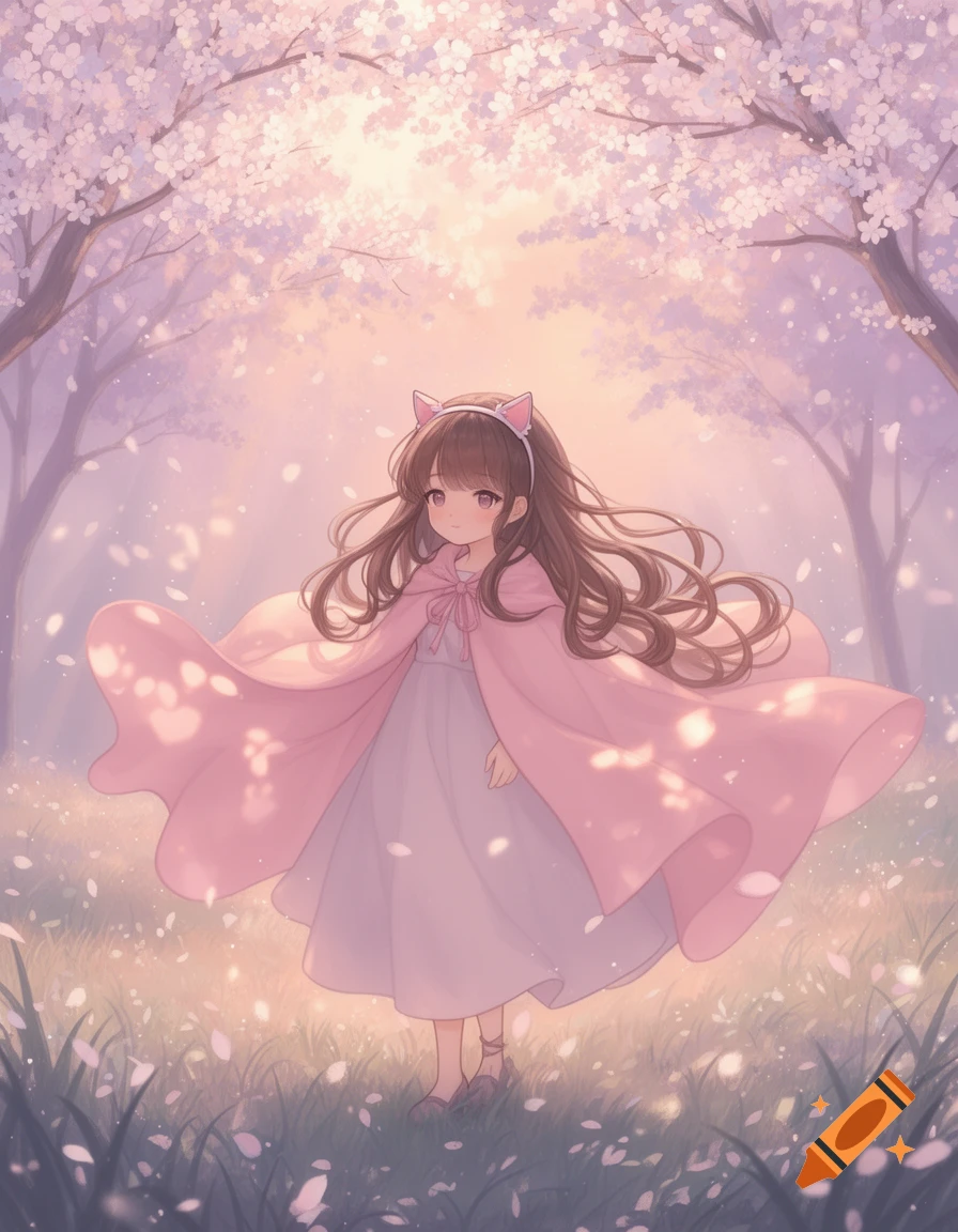 A girl with long brown hair, pink cat ears, and a pink cape stands under cherry blossoms in an anime style.
