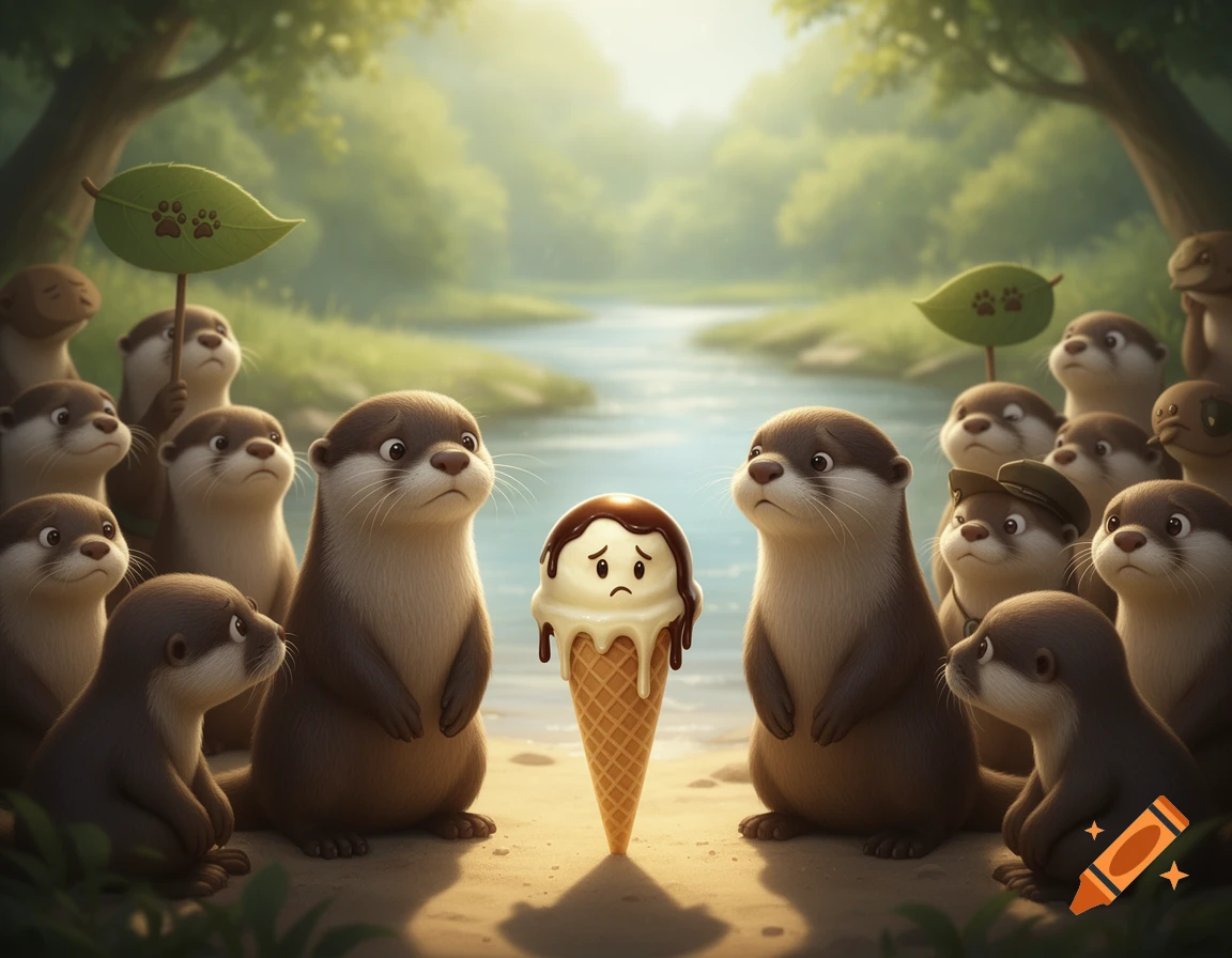 A group of sad otters gather by a river in a forest, looking at a melting ice cream cone with a small sad face.