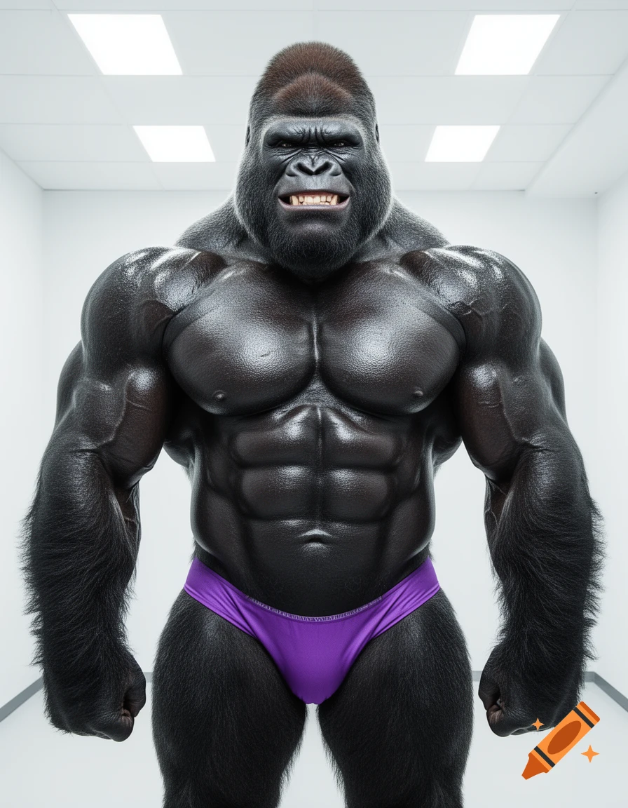 A hyper-muscular gorilla-human hybrid bodybuilder wearing a purple posing thong stands in a white room, looking at the viewer.