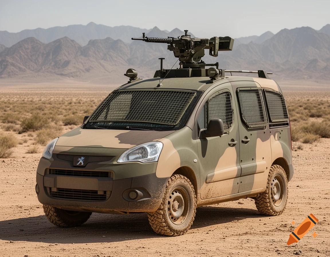 A militarized Peugeot Partner van with camouflage paint and a machine gun mounted on the roof, standing in a desert landscape.