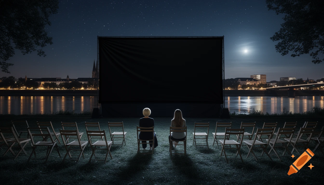 Two women sit in chairs facing a large blank outdoor cinema screen at night, with a city skyline and river visible behind them.