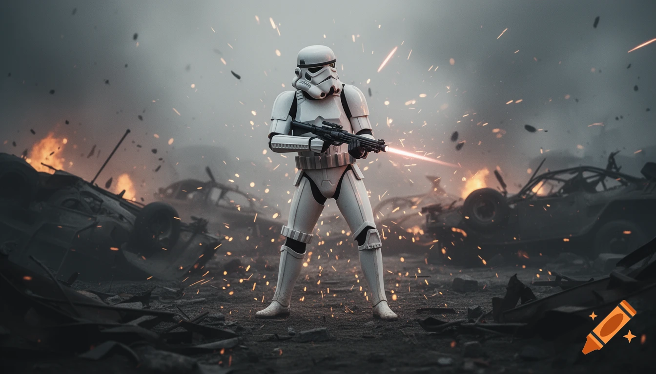 A Stormtrooper stands with a blaster in a chaotic, smoke-filled battlefield with explosions and debris.
