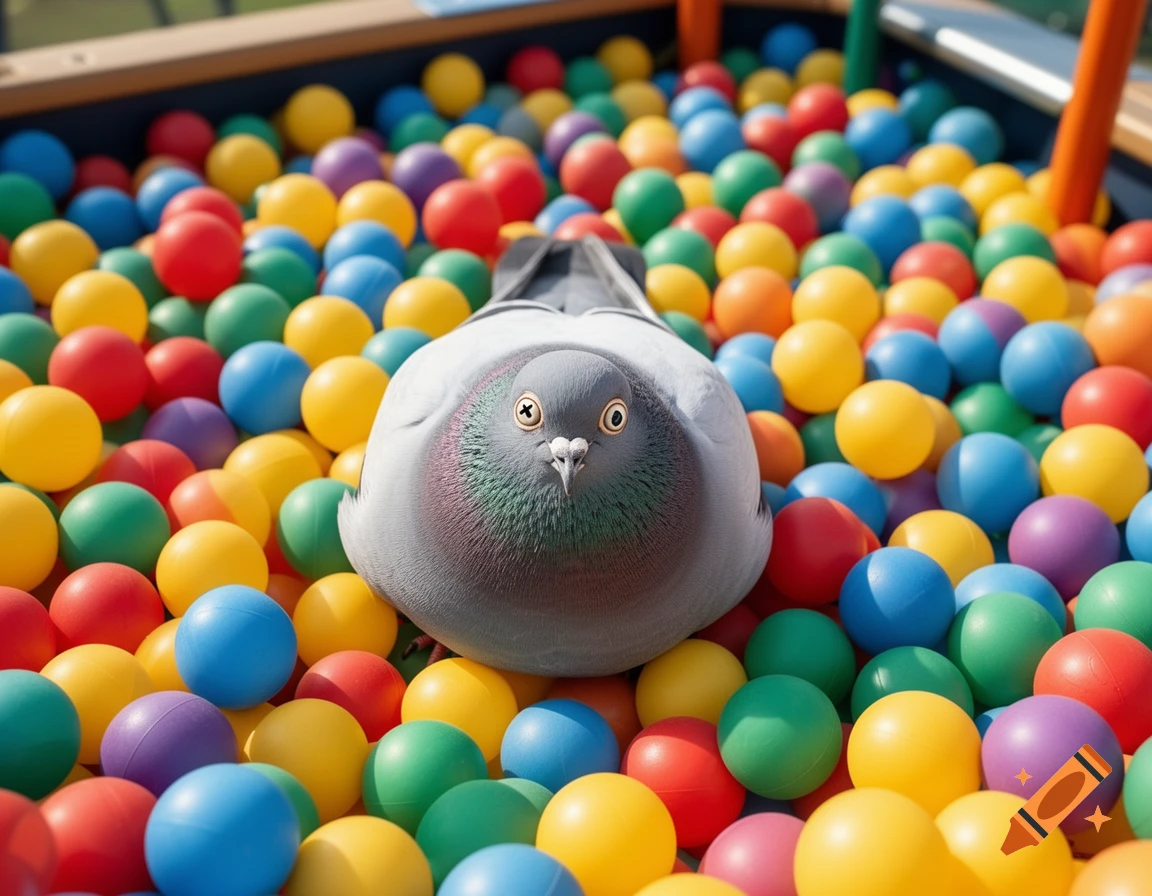 A plump pigeon with large, cartoonish eyes looks directly at the viewer while half-submerged in a colorful ball pit filled with red, blue, green, and yellow plastic balls.