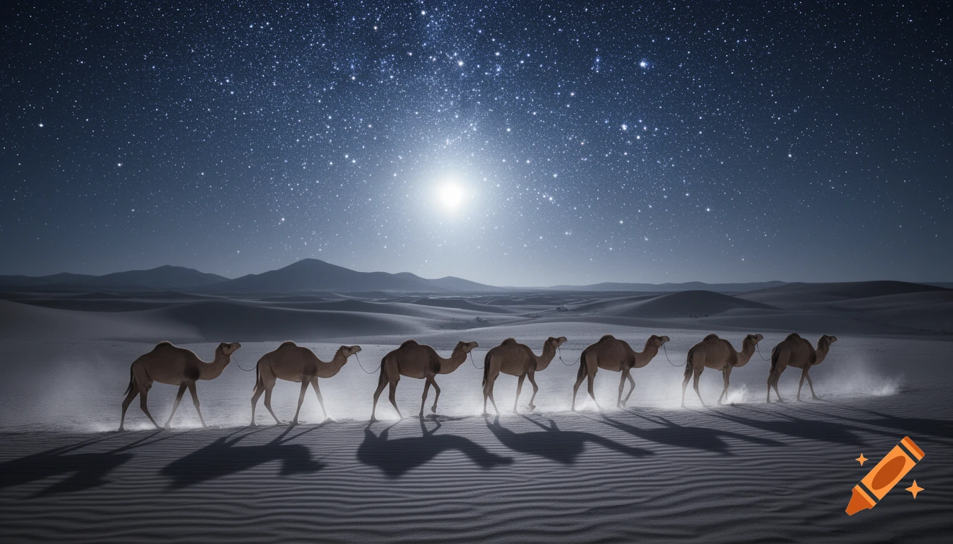 A caravan of camels walks across a desert at night under a brilliant starry sky with a bright moon.