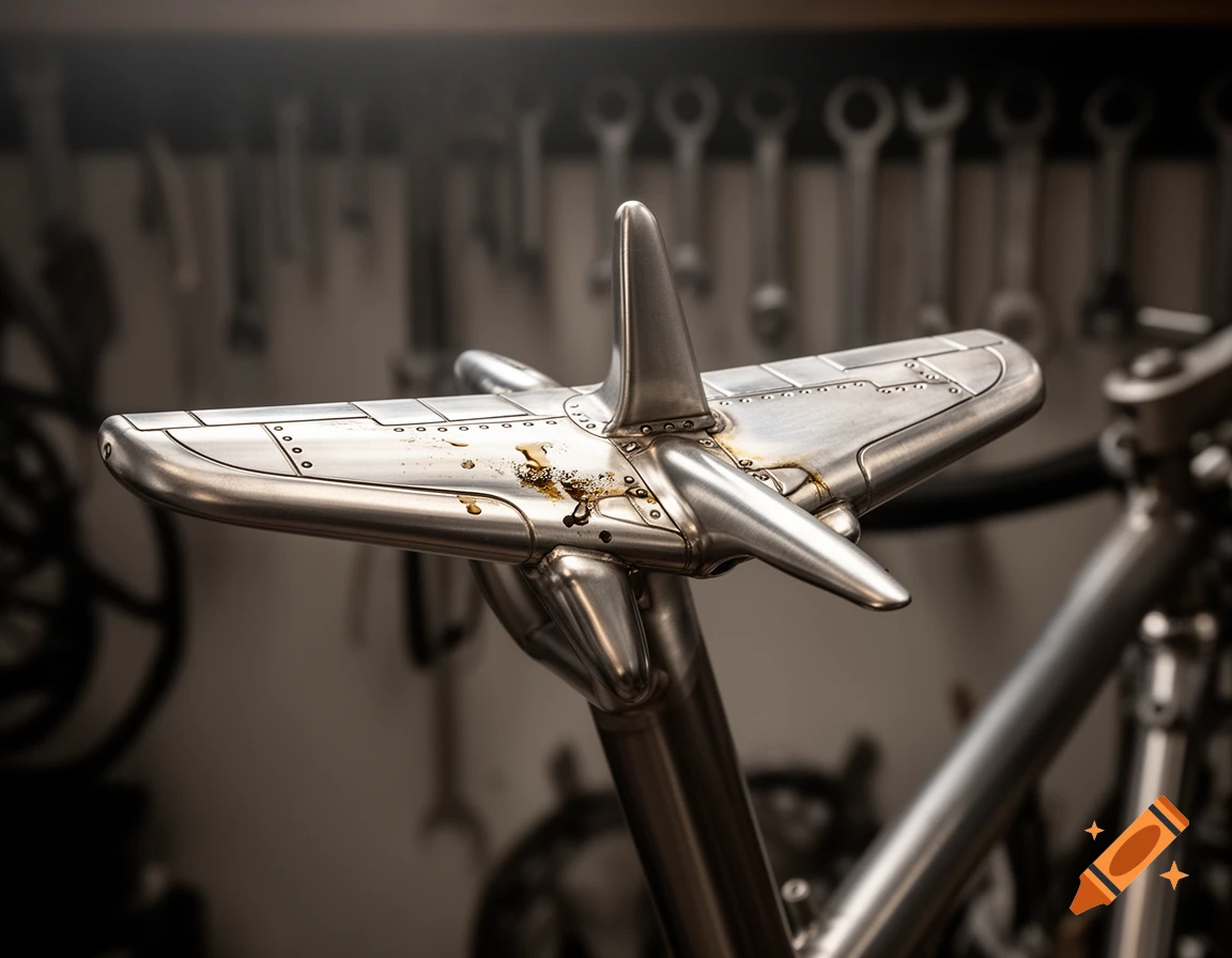 Photorealistic close-up of a silver bicycle crankset shaped like an airplane wing, with rivets and oil stains, in a workshop.