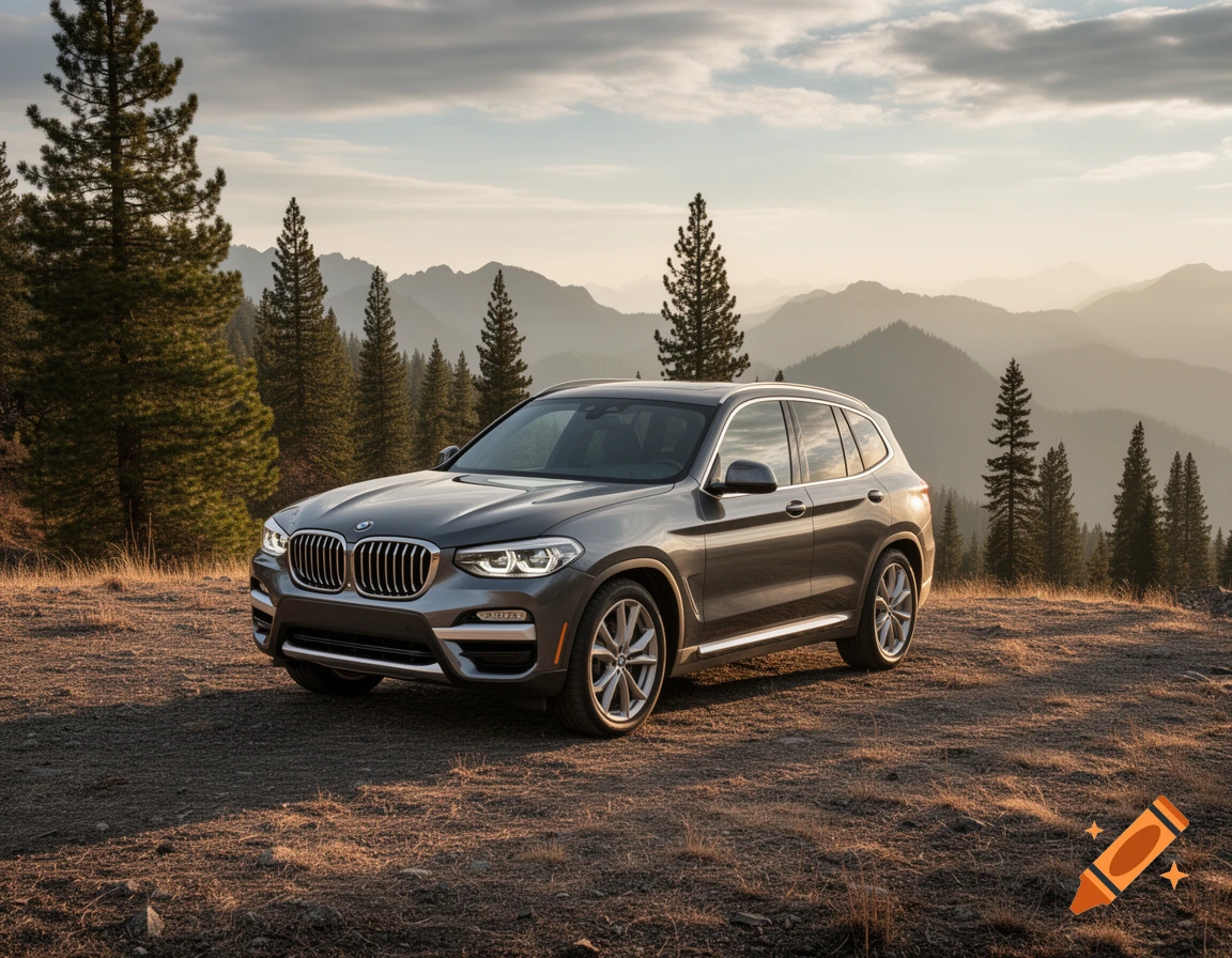 A grey BMW X3 SUV is parked on a dirt road in a mountainous, pine-forested landscape at sunset.
