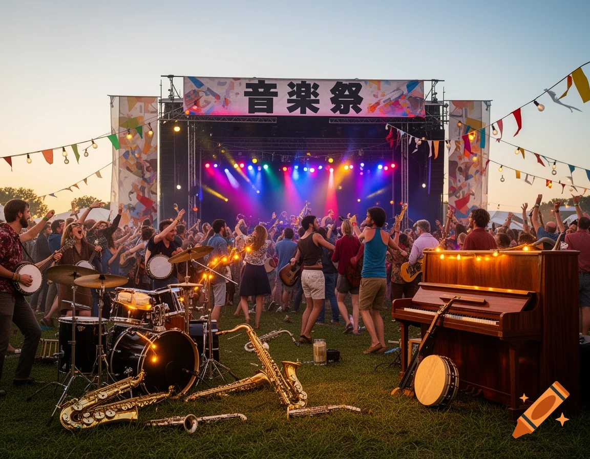 A vibrant outdoor music festival with a crowd in front of a brightly lit stage, instruments in the grassy foreground at twilight.