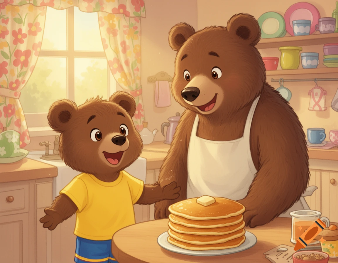 A happy cartoon bear cub and Mama Bear in a sunlit kitchen with a stack of pancakes, in a children's book style.