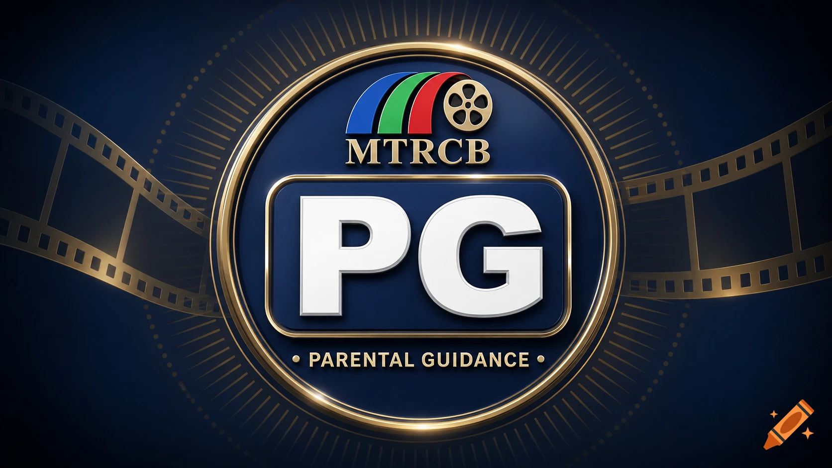 A dark blue MTRCB PG Parental Guidance logo with gold trim, featuring large white "PG" letters and film strips in the background, in a clean graphic design style.
