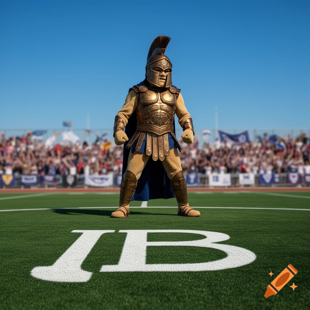 A Spartan school mascot stands on a green football field with the 'IB' symbol, a blurred crowd in the background.