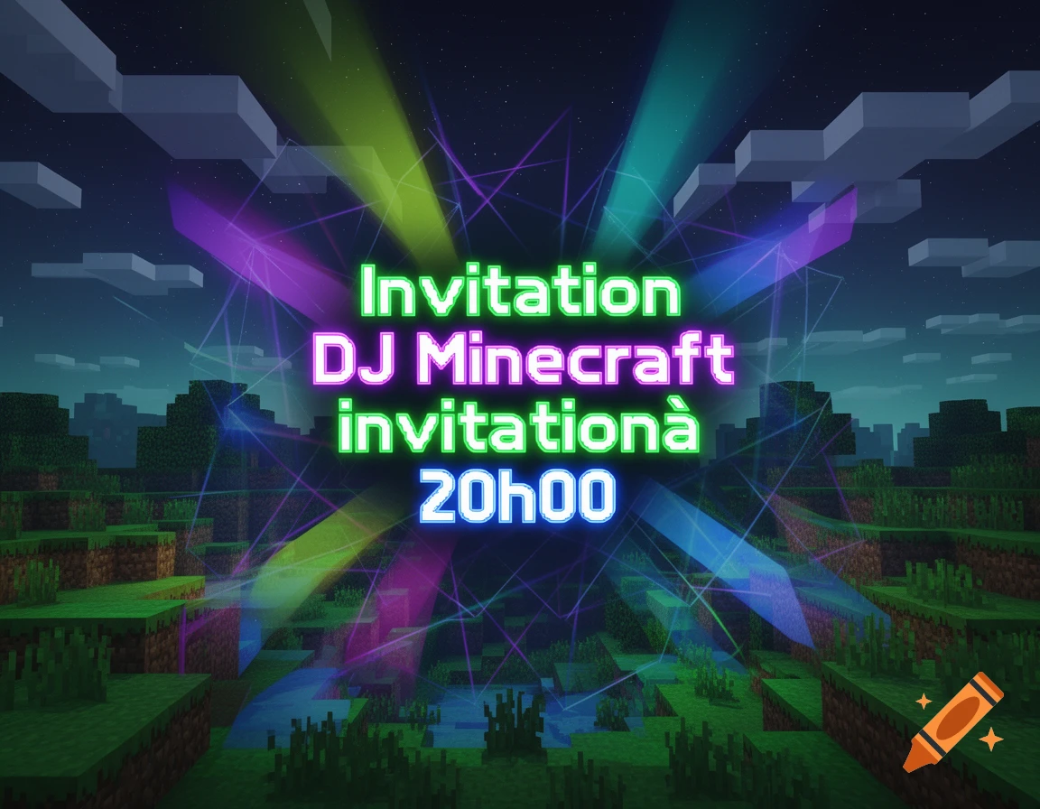 A Minecraft-style landscape at night with neon text 'Invitation DJ Minecraft invitationnà 20h00' and colorful light beams.