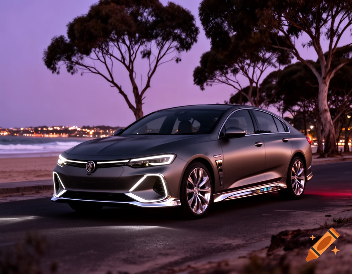 A sleek, modern gray electric sedan with glowing white lights parked on a road next to a beach at twilight, with city lights and purple sky.