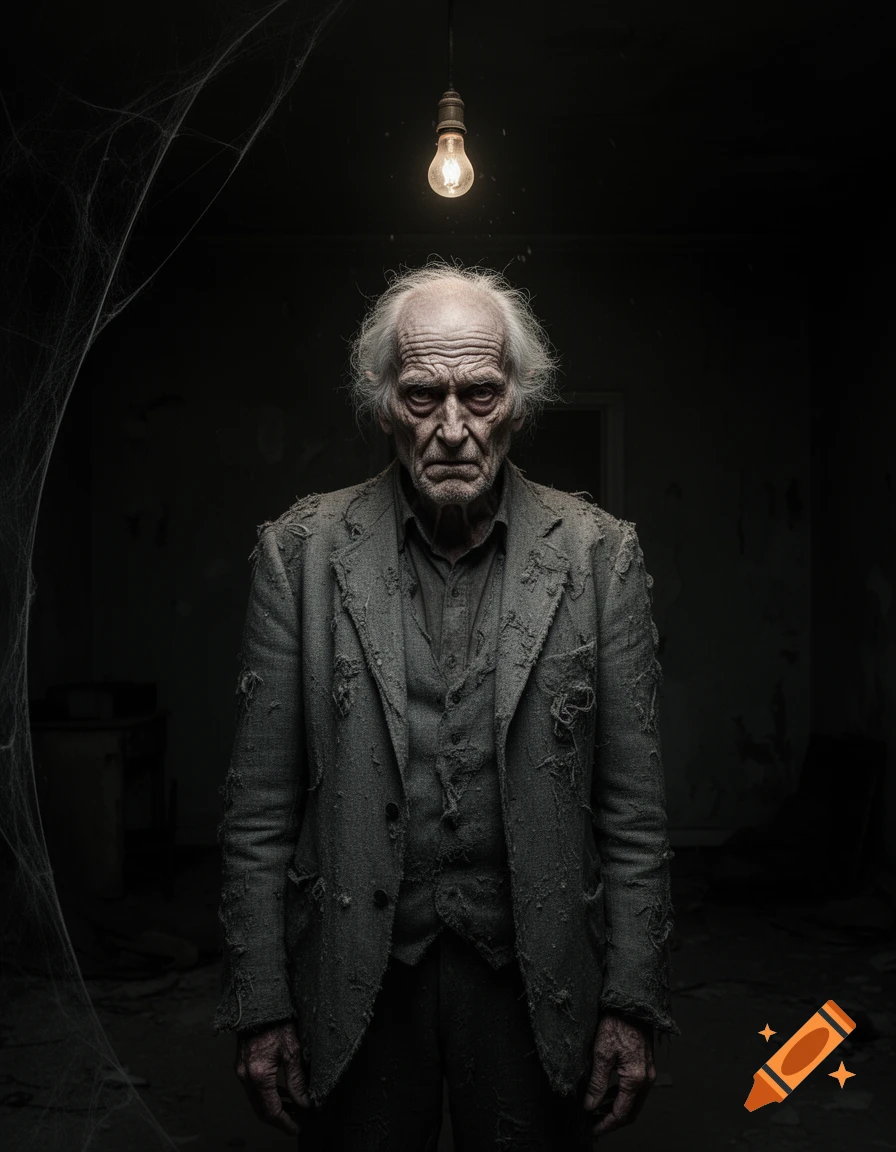 A creepy, gaunt old man with white hair and a tattered suit stares intensely in a dark, cobweb-filled room under a single dim lightbulb.