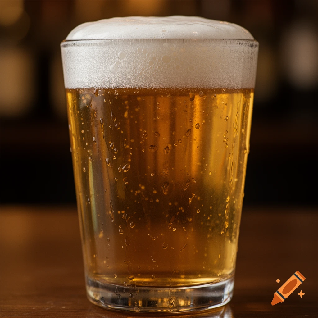 Close-up of a half pint glass filled with golden lager beer, topped with thick white foam and condensation droplets.