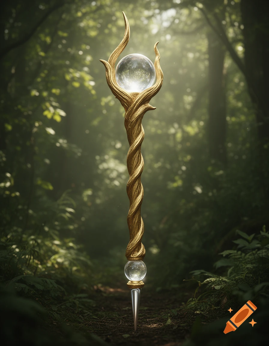 A golden, tree-branch-like staff with a large crystal orb at the top and a smaller one with a spike at the bottom, set in a mystical forest.