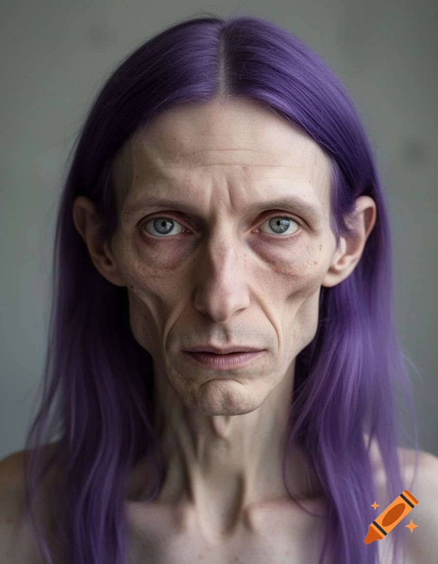 Photorealistic portrait of a gaunt person with long purple hair, center-parted, bags under eyes, looking forward.