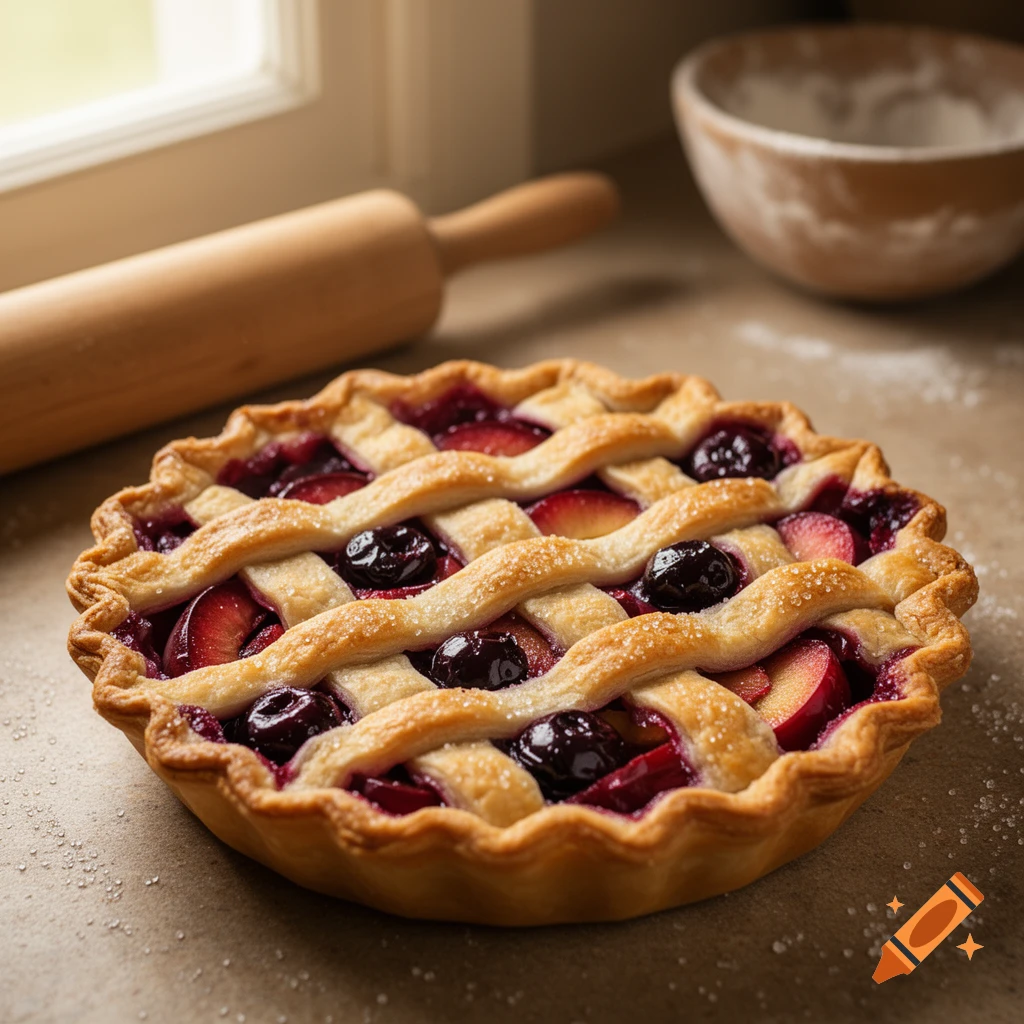 A delicious-looking lattice-top fruit pie with plums and cherries on a kitchen counter, with a rolling pin in the background.