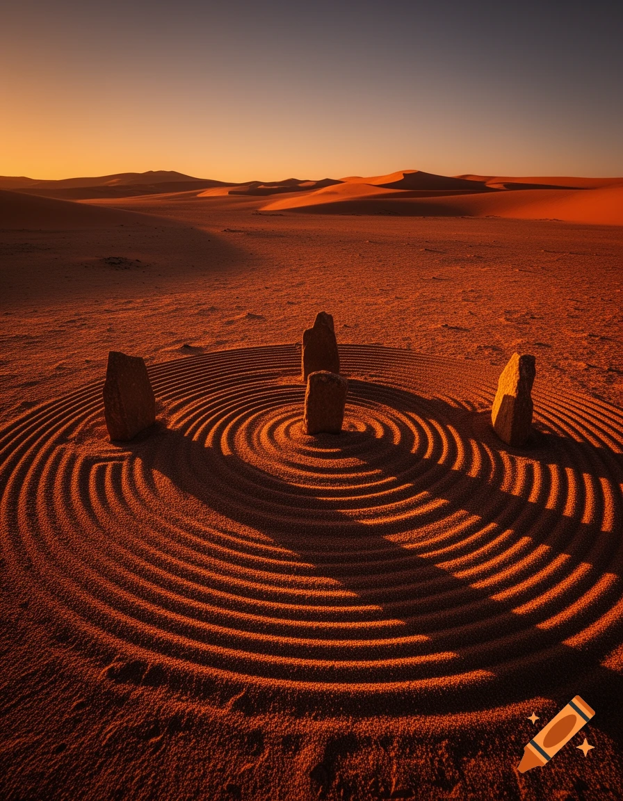 Photorealistic desert landscape at golden hour with concentric raked sand patterns around standing stones.