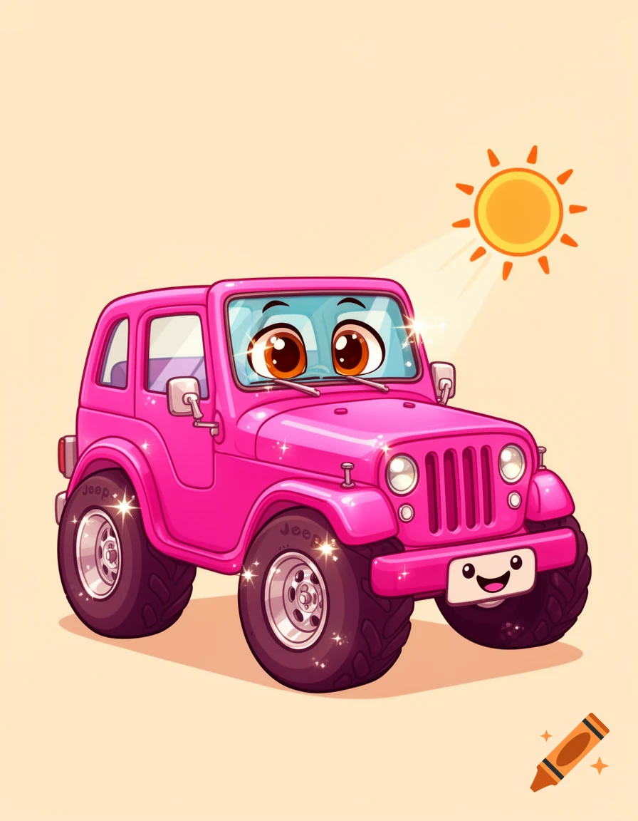 A bright pink cartoon Jeep with big, expressive eyes and a smiling face on its license plate, under a sunny sky.