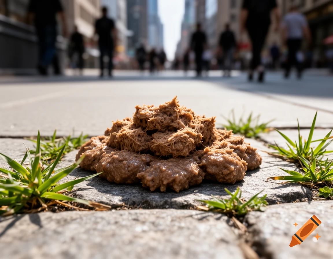 Close-up, low-angle photo of dog poop on a city sidewalk with grass, people in blurred background.