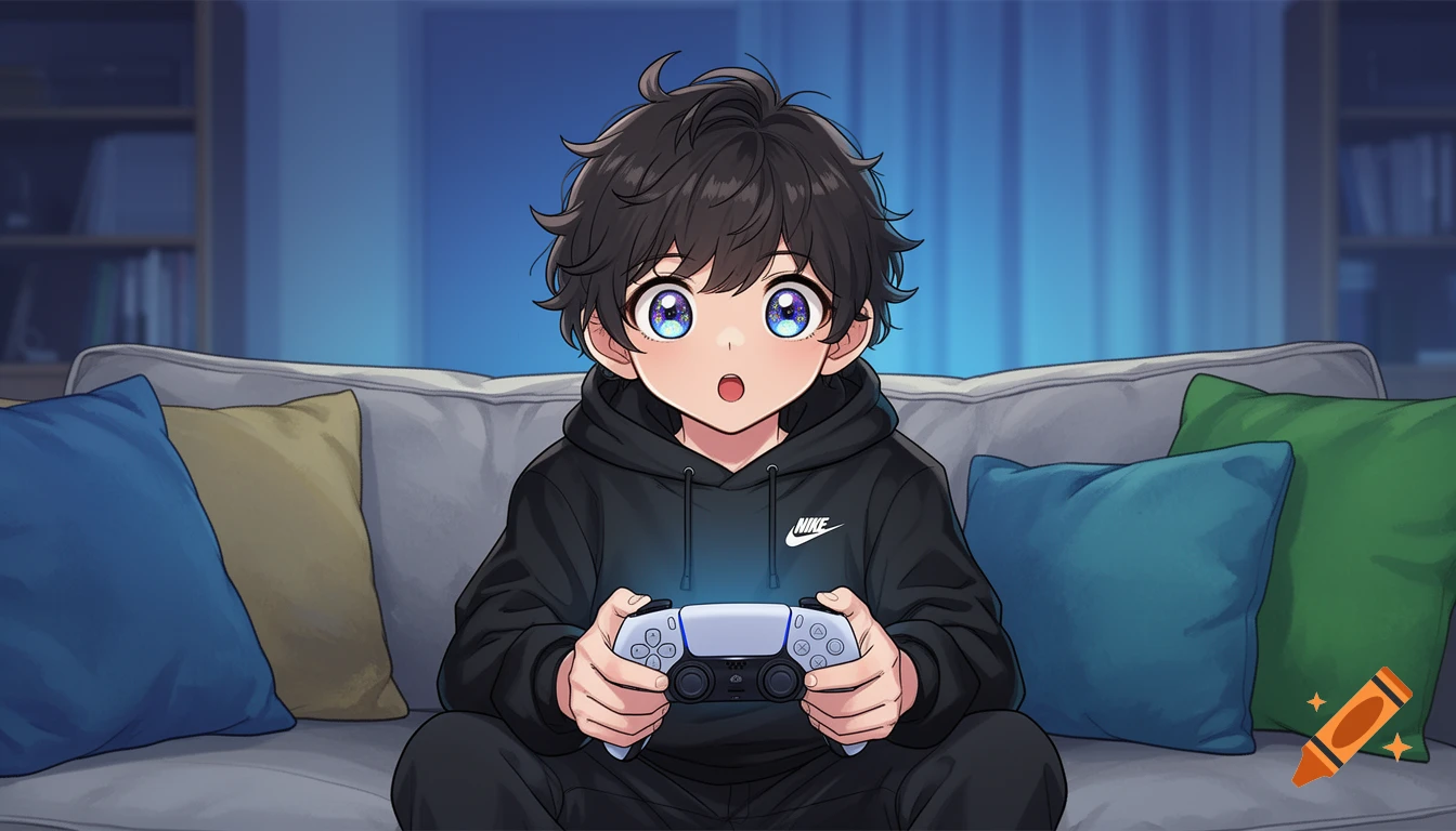 Manga-style boy with dark curly hair playing PS5 on a sofa with colorful pillows.